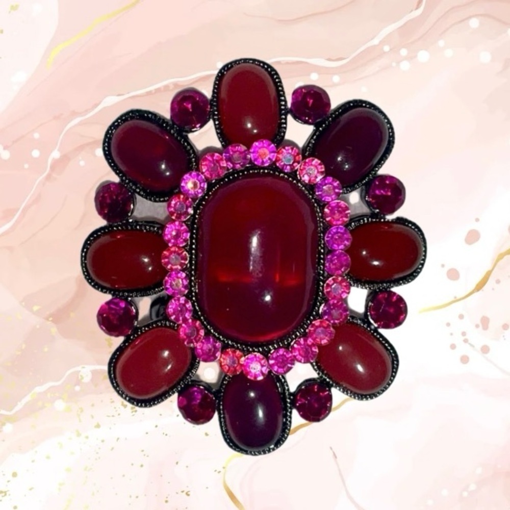 Vintage Jelly Belly Pink Rhinestone Cabochon Silver Tone Brooch Pendant